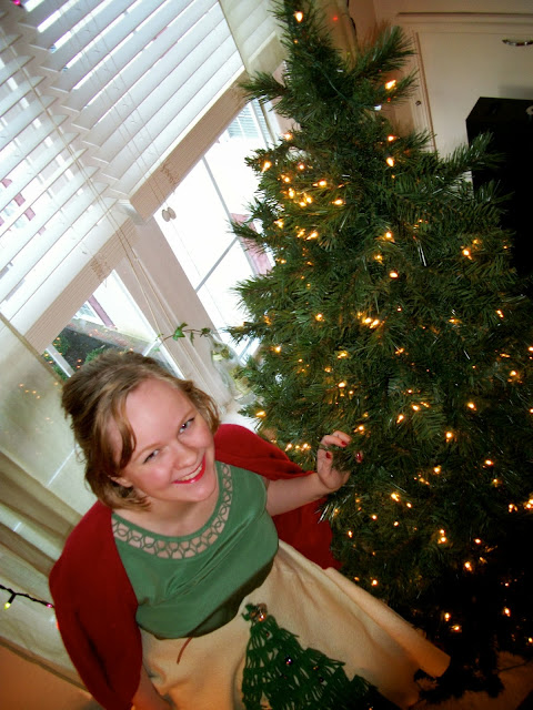 50's Christmas Skirt, next to tree, Adventures in the Past Blog