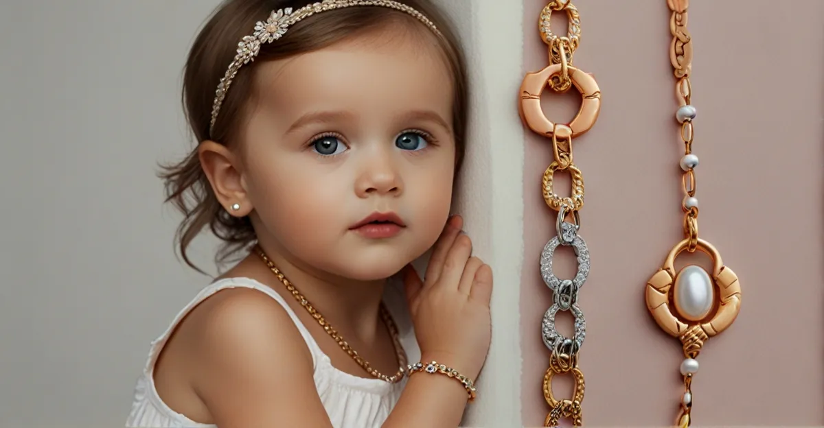 Adorable baby wearing a secure and gentle style baby bracelet from our Baby and Toddler Jewelry collection .