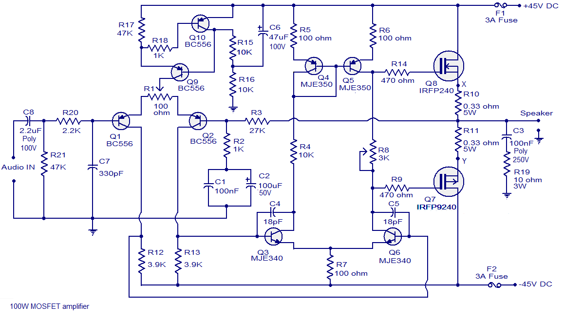 100W MOSFET Power Amplifier  based on IRFP240 Circuit  diagram 