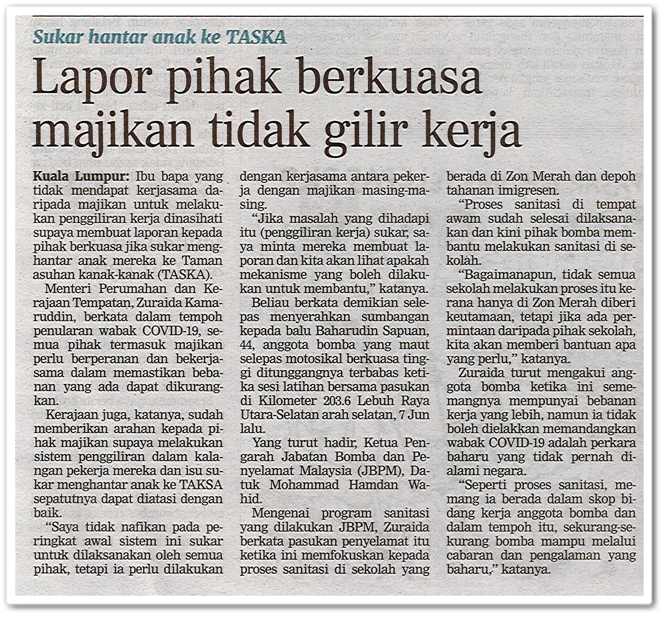 Lapor pihak berkuasa majikan tidak gilir kerja - Keratan akhbar Berita Harian 21 Jun 2020