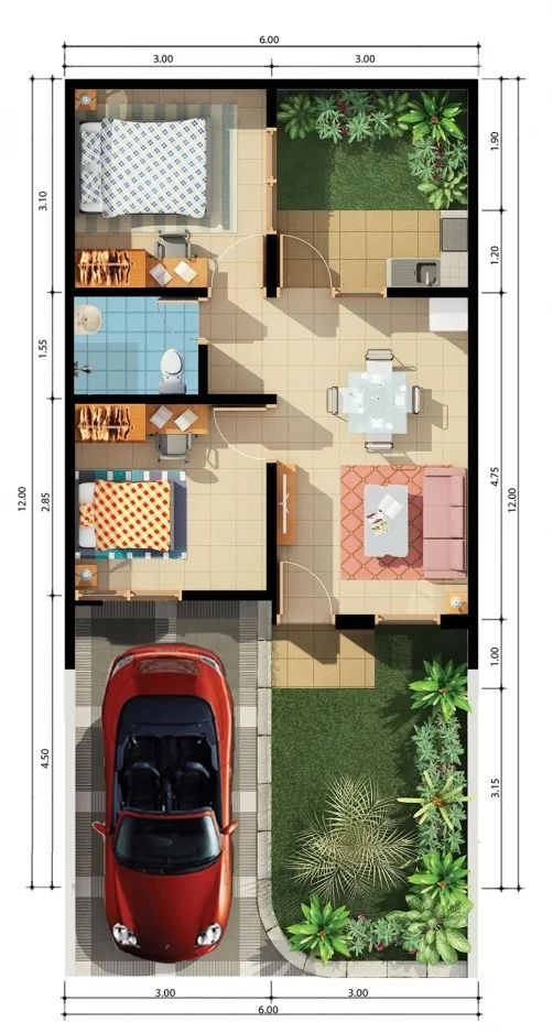 Lingkar Warna 7 Denah Rumah Minimalis Ukuran 6x12 Meter 2 Kamar Tidur 1 Lantai Tampak Depan