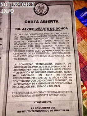 Carta a Duarte por secuestro de maestra en tecnológico de Minatitlán, Veracruz