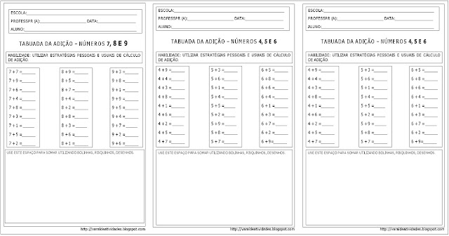 Atividades - Tabuada da Adição com o objetivo de estimular o educando a utilizar estratégias pessoais e usuais de cálculo de adição.