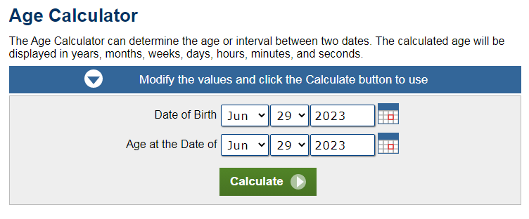 Age Calculator :  years, months, weeks, days, hours, minutes, and seconds