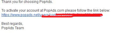 Email konfirmasi dari PopAds