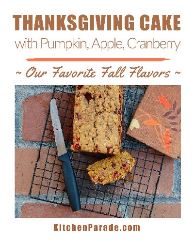 Thanksgiving Cake ♥ KitchenParade.com, one cake, all our favorite fall flavors, pumpkin, apple, cranberry, pecans, warm spices.