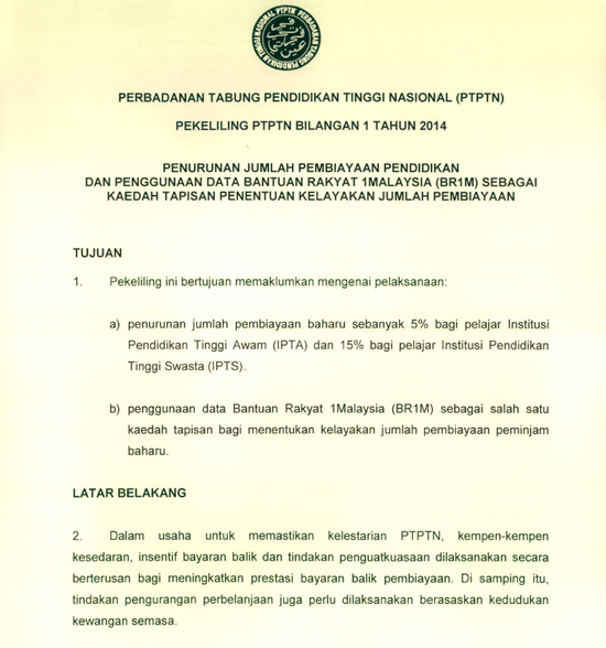 Pekeliling PTPTN jumlah biaya baru november 2014 dan syarat kelayakkan