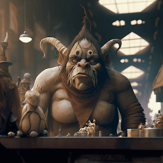 A horned troll hosting a market table
