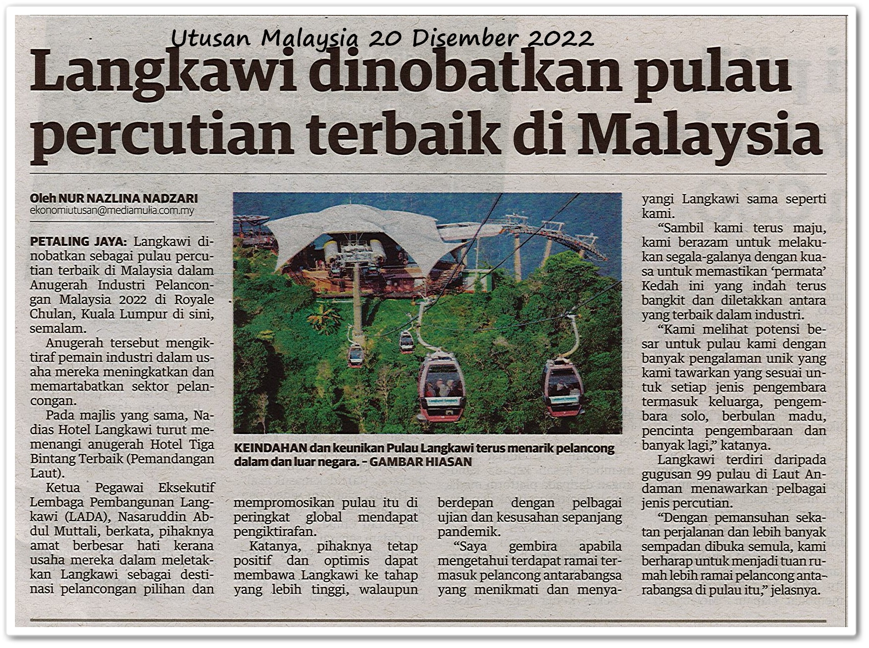 Langkawi dinobatkan pulau percutian terbaik di Malaysia - Keratan akhbar Utusan Malaysia 20 Disember 2022