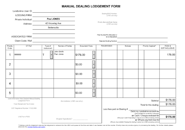 Manual dealing lodgement form