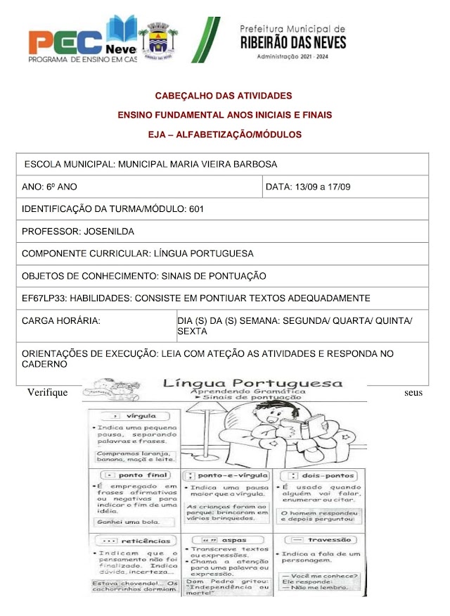 Atividade de Língua Portuguesa 6 Ano - 13/09 a 17/09 -  Professora Josenilda 