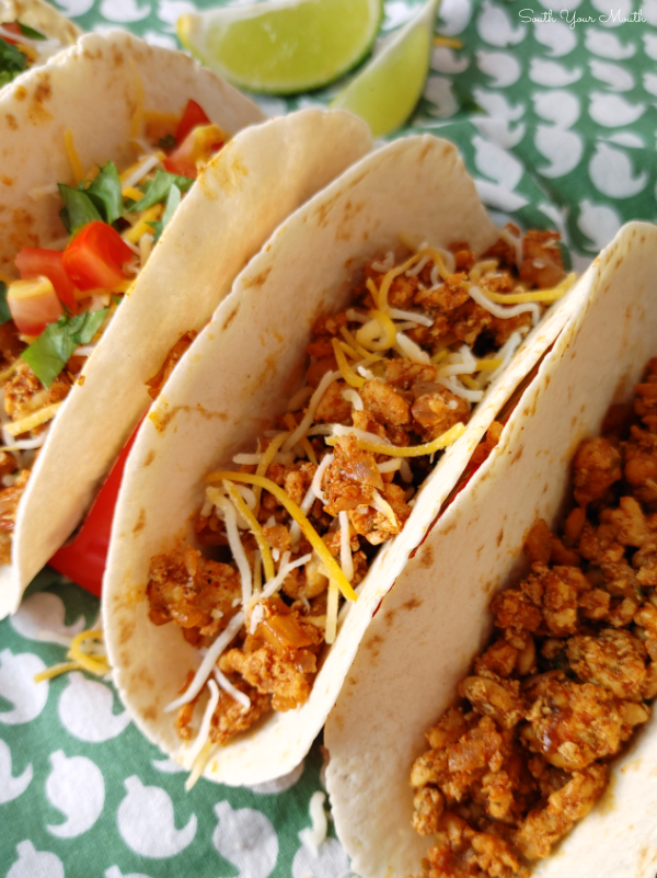 Chipotle Chicken Taco Meat! An easy, flavor-packed recipe using ground chicken and canned chipotle peppers in adobo sauce that’s surprisingly low in fat, calories and carbs for tacos, burrito bowls and anything else taco meat is used with PLUS my recipe for Easy Cilantro Lime Ranch!