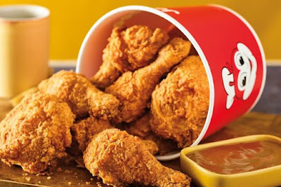 A bucket of Jollibee fried chicken.