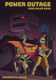 The Power Outage cover including an imposing image of a toaster-headed being in the background next to turrets, with a knight-styled character with a cape in the front holding a horse staff, next to a person in crash-test dummy styled costume.