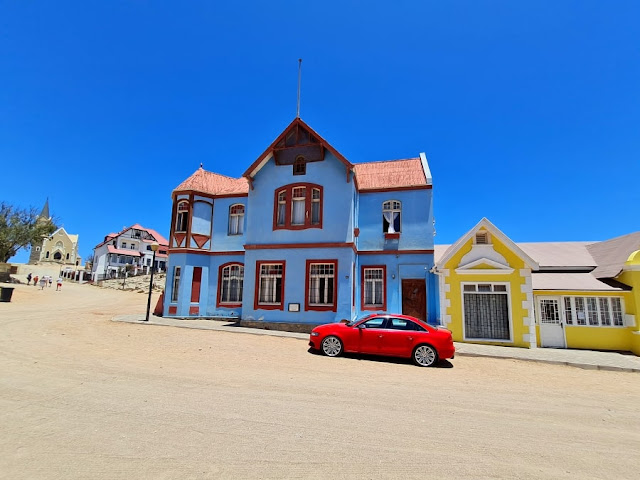 Brightly coloured German buildings in Luderitz