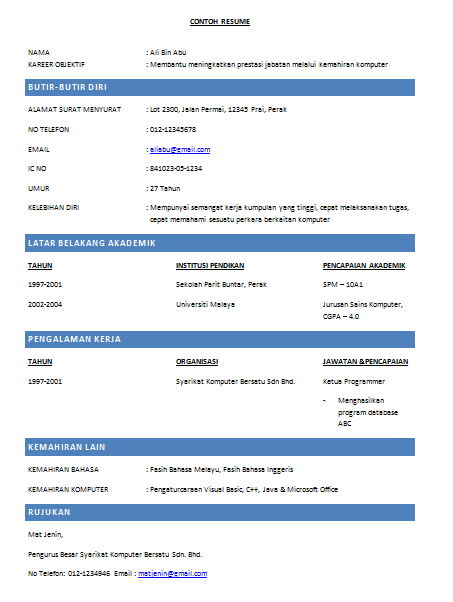 Resume - Koleksi Contoh Resume Lengkap Terbaik Dan Terkini 