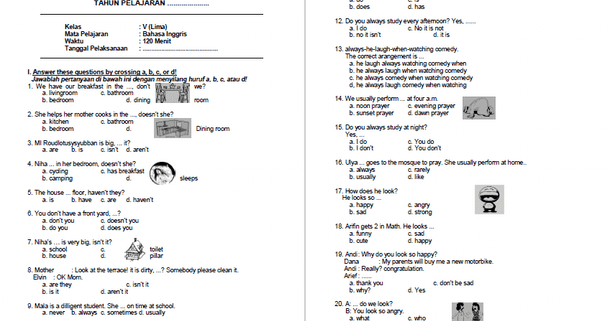  Soal PTS atau UTS Bahasa Inggris Kelas 5 SD MI Semester 2 