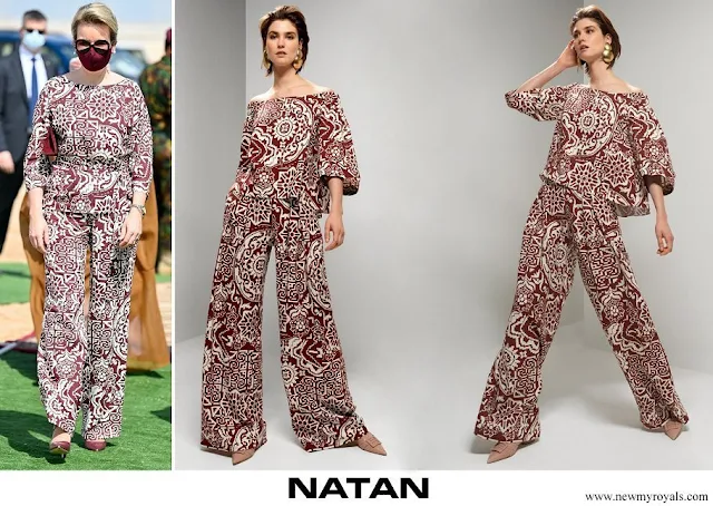 Queen Mathilde wore new Natan Gilson wide printed linen trousers