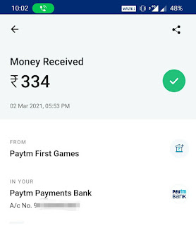 Paytm First Game withdraw proof