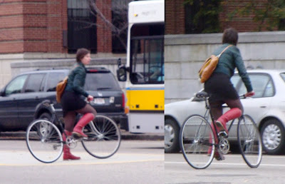 red boots riding a bike in Boston