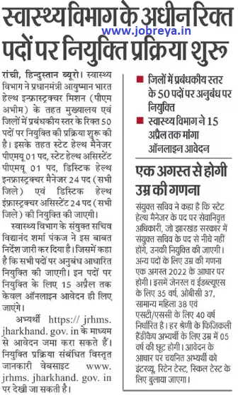 Recruitment process started on vacant posts under Health Department of Jharkhand notification latest news update 2023 in hindi