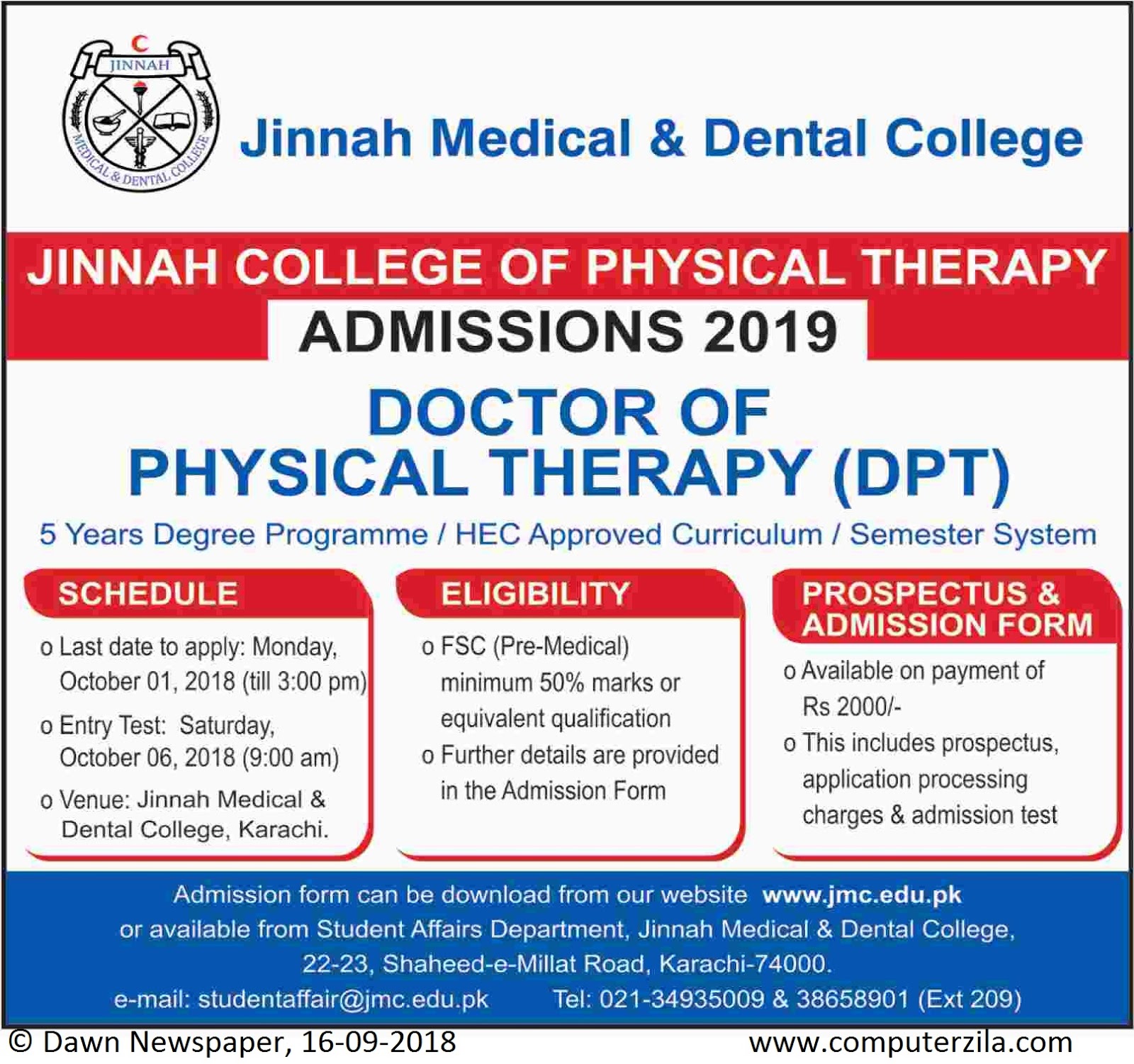 Jinnah College Of Physical Therapy Jmdc Admissions 2019