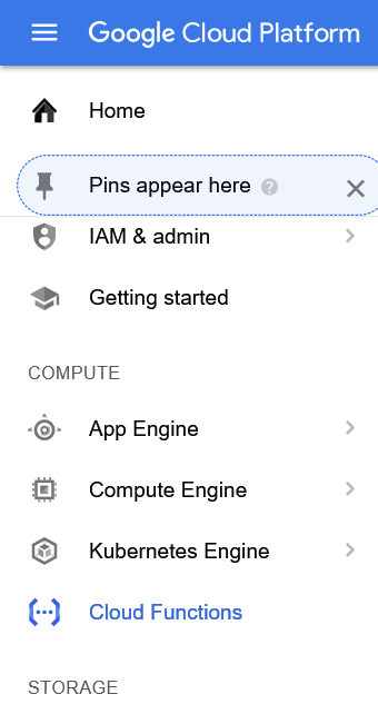 'Cloud Functions' link on the GCP console's left menu