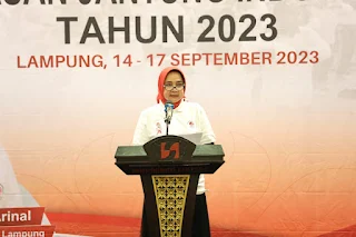 Ibu Riana Sari Arinal dalam acara Sarasehan Yayasan Jantung Indonesia (YJI), yang berlangsung di Ballroom Hotel Swissbell, Bandar Lampung, pada Kamis (14/9/2023).