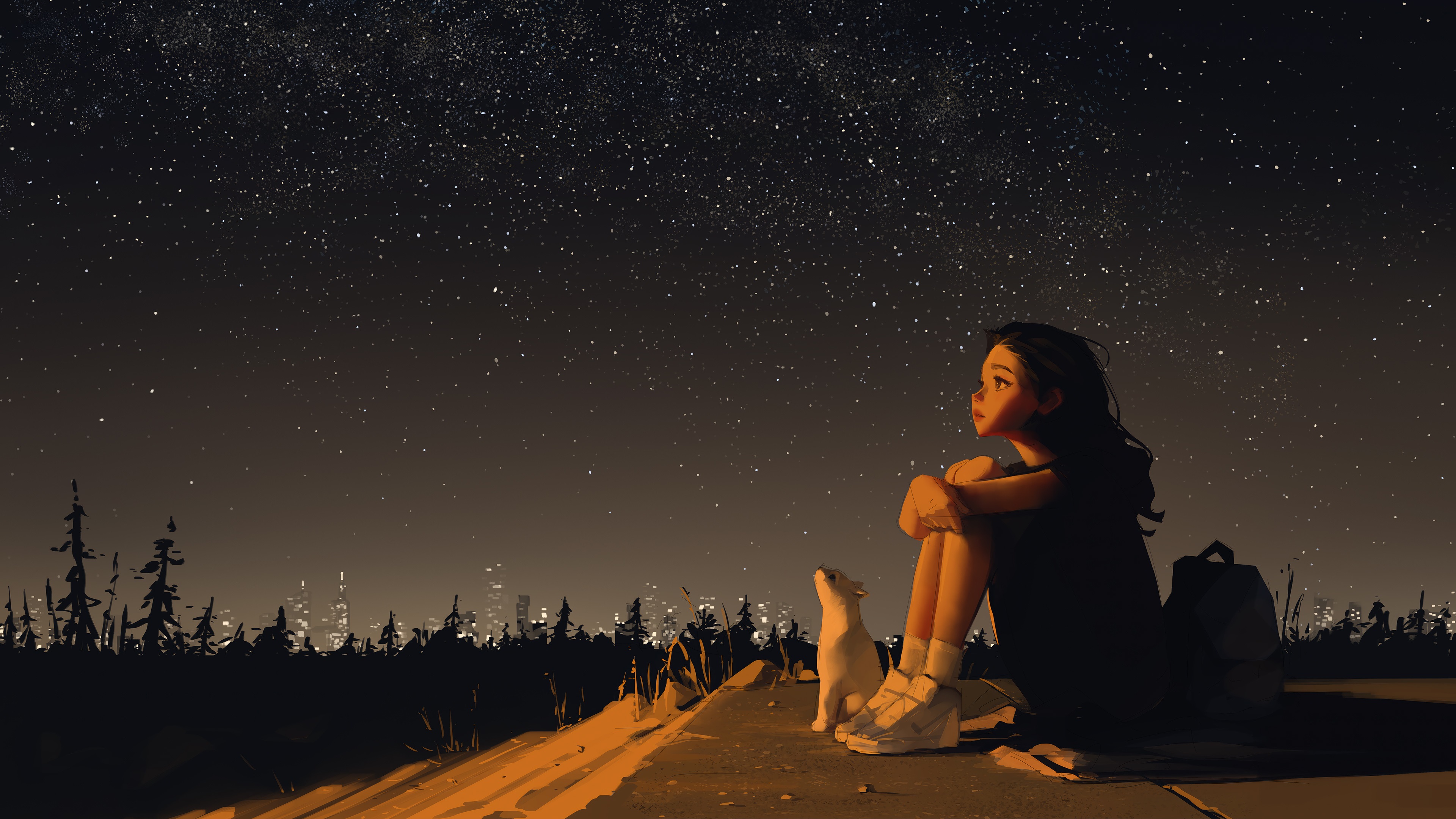 Girl Alone with Cat Night Sky Stars Scenery 4K Desktop PC