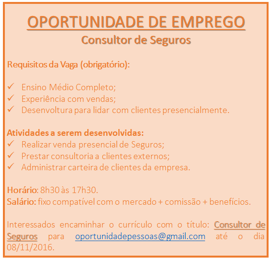 Vaga de Emprego para Consultor de Seguros