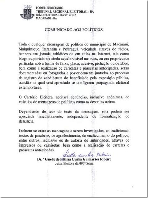 Comunicado da Justiça