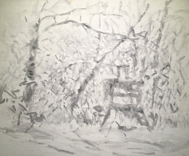 oil sketch in gray paint of trees and climbing structure surrounded by swirling snow