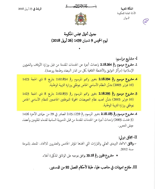 مرسومي الإطار والتعويضات الخاصة الادارة التربوية بجدول أعمال مجلس الحكومة الخميس 26 أبريل 