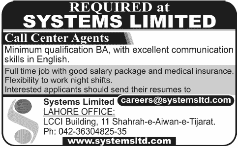 Call Center Agents Required-Systems Limited
