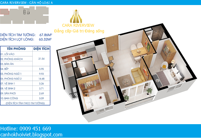 Căn hộ loại A (67.86 m2) - 2PN