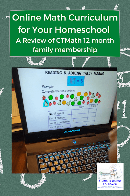 A Mom's Quest to Teach logo: Online Math Curriculum for Your Homeschool - A Review of CTCMath 12 month family membership; photo of tally mark lesson with math background