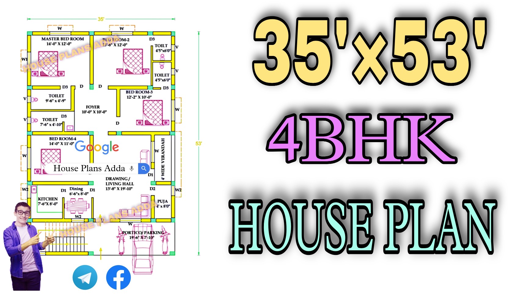 35×53 East facing house plan 4bhk with Parking