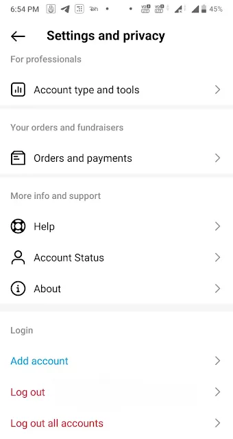 Go to Instagram settings and under login click on add account to create a new Instagram account.
