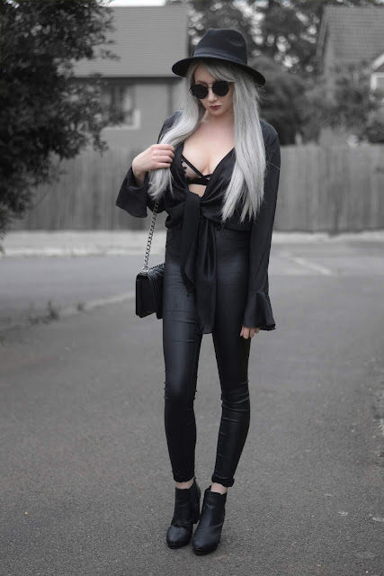 Sammi Jackson - Primark Black Fedora / Zaful Sunglasses / Femme Luxe Silky Tie Up Top / Primark Lace Bralet / Primark Satin Jeans / Boy Chanel Bag / Office Chunky Ankle Boots 