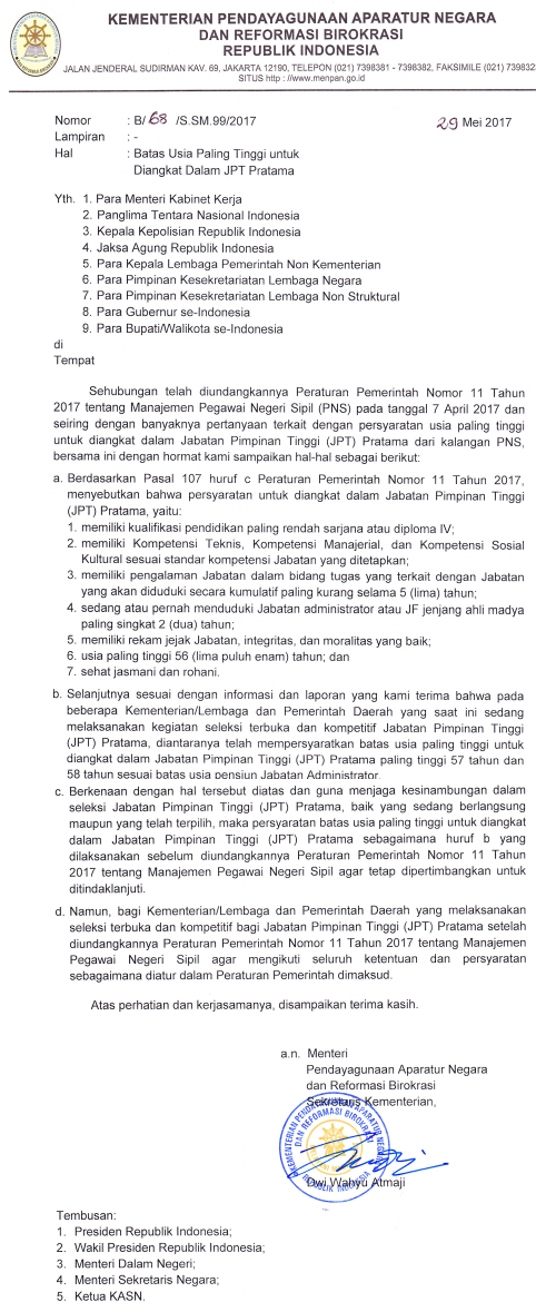 PERSYARATAN DAN BATAS USIA PALING TINGGI UNTUK DIANGKAT JABATAN PIMPINAN TINGGI (JPT) SETARA ESELON II