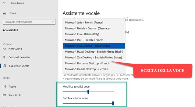 assistente vocale in windows per scegliere la voce