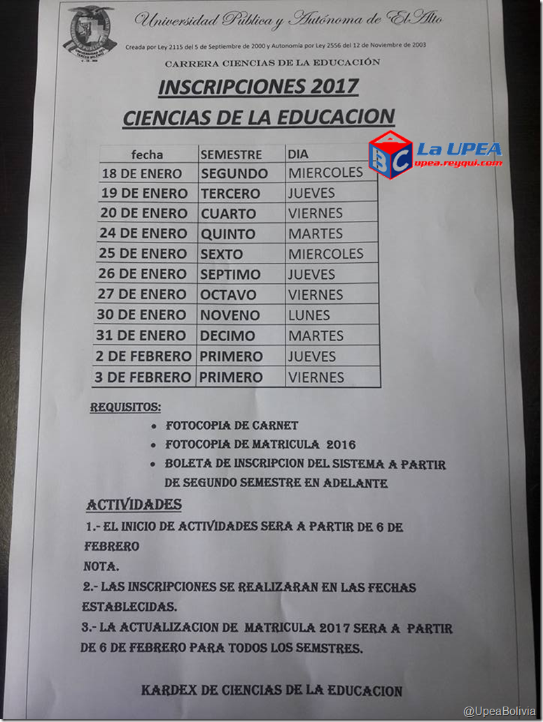 Inscripciones UPEA 2017