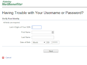 Fidelity NetBenefits password reset form uses SSN, first name, last name, and birthdate.