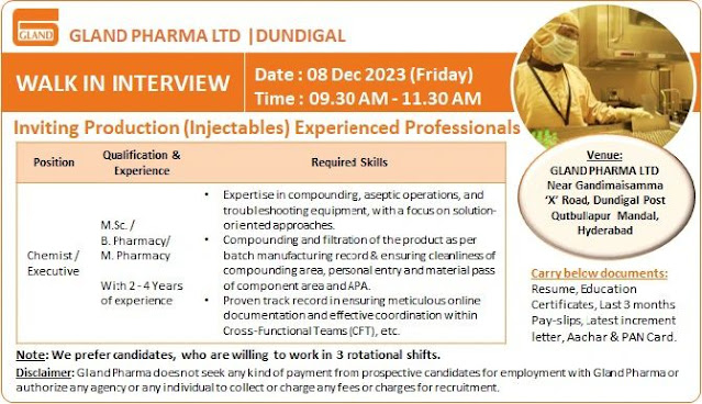 Gland Pharma Ltd Walk In Interviews For Production Department