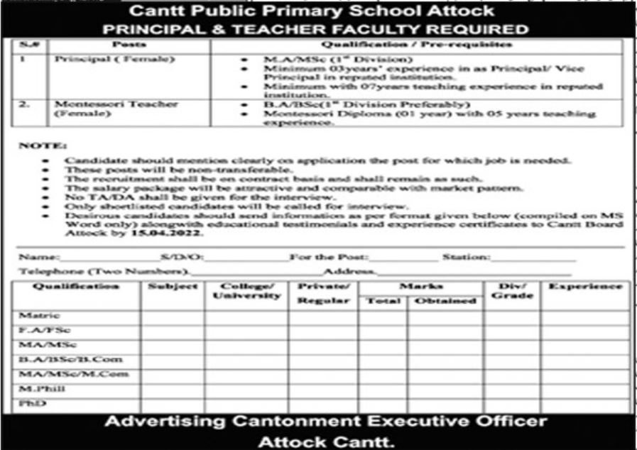 Latest Cantt Public Primary School Education Posts Attock 2022