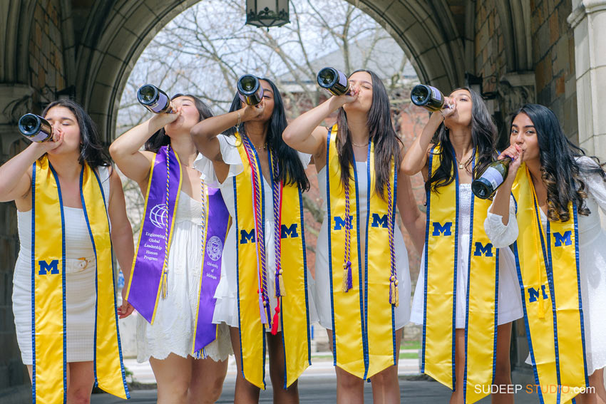 University of Michigan Graduation Pictures Drinking Champagne College Graduation Photographer SudeepStudio.com