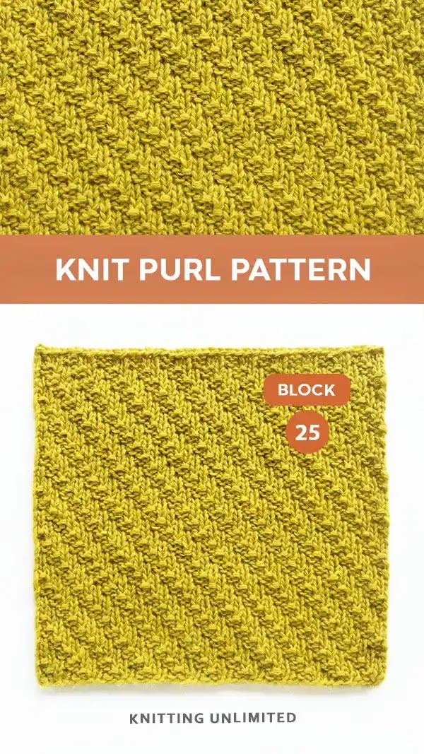 Knitted Square Pattern No 25. The diagonal knit purl pattern is a simple yet intriguing stitch pattern that creates diagonal ridges across your knitting fabric.