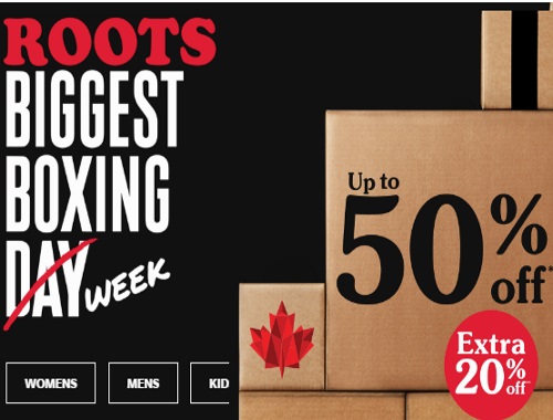 Roots Biggest Boxing Week Sale Up To 50% off + Extra 20% Off