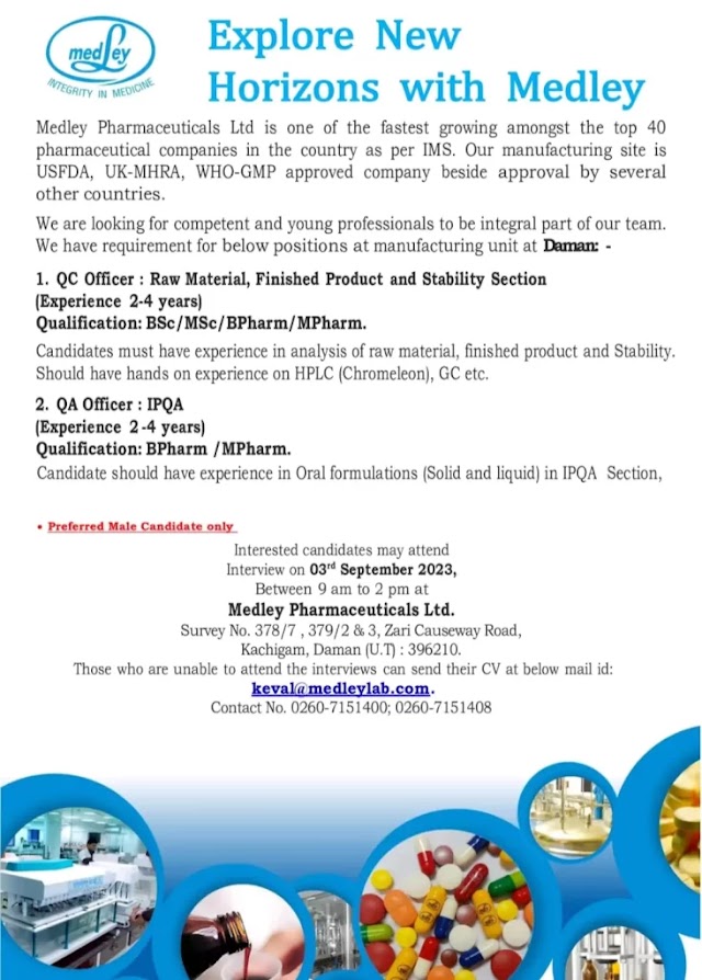 Medley Pharmaceuticals | Walk-in interview for QC & QA on 3rd Sep 2023