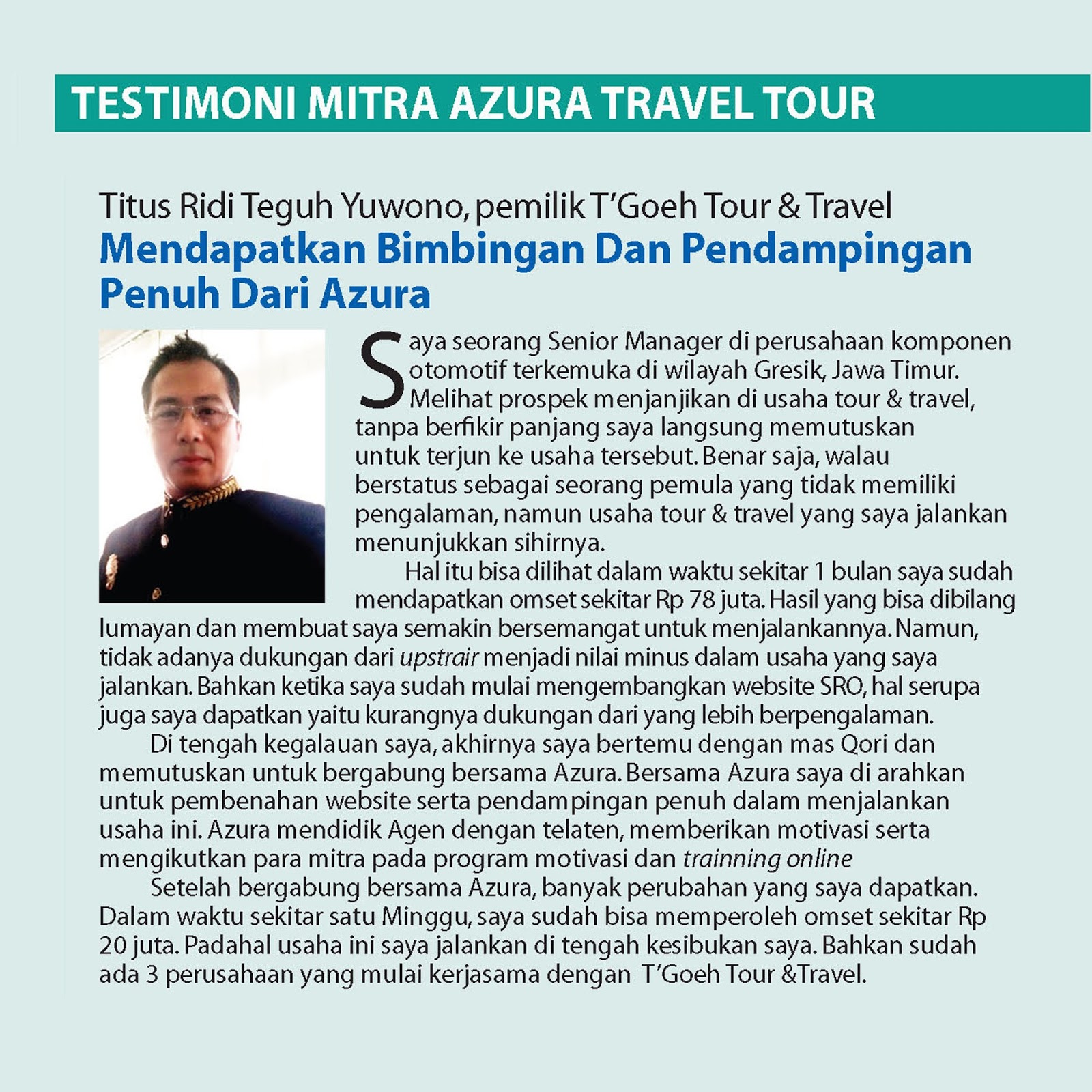  Testimoni  Mitra AZURA Travel Pak Titus pemilik TGOEH TOUR 